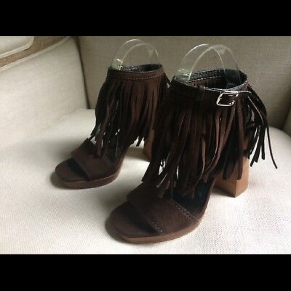 Prada Sandals Ankle Strap Block Fringe Brown Suede - Picture 2 of 8